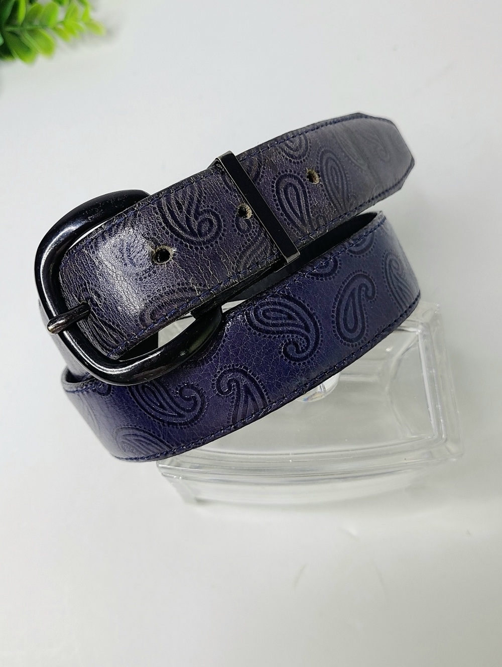Just Jamie Tooled Paisley Navy Distressed  Italian Calfskin Leather Vintage Belt